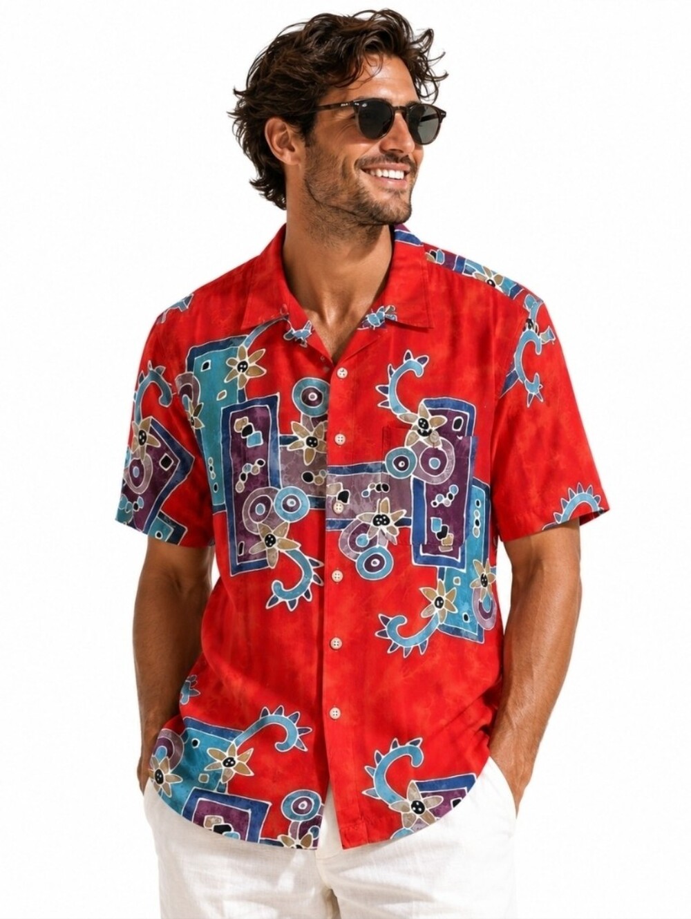 The Territory Ahead Men's Short Sleeve Shirt Geometric Floral Red-Orange, L